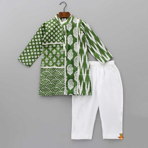 Pre Order: Faux Mirror Work Printed Pure Cotton Green Kurta And Pyjama
