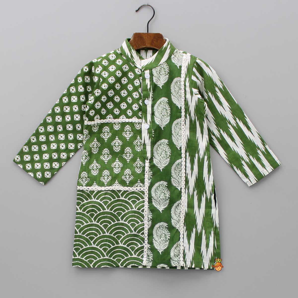 Faux Mirror Work Printed Pure Cotton Green Kurta And Pyjama