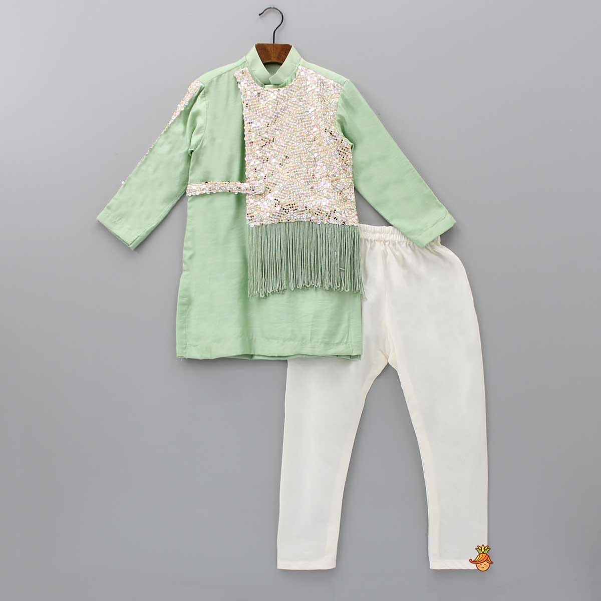 Pre Order: Sequins Embroidered Flap Green Kurta And Churidar
