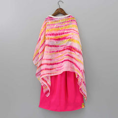 Pre Order: Pink Adjustable Straps Top With Shibori Printed Cape And Dhoti Style Skirt