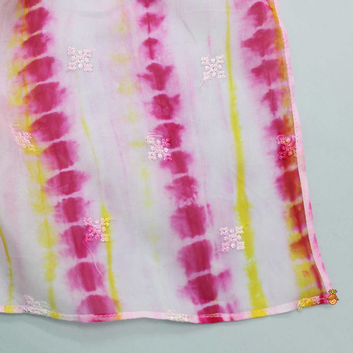 Pink Adjustable Straps Top With Shibori Printed Cape And Dhoti Style Skirt