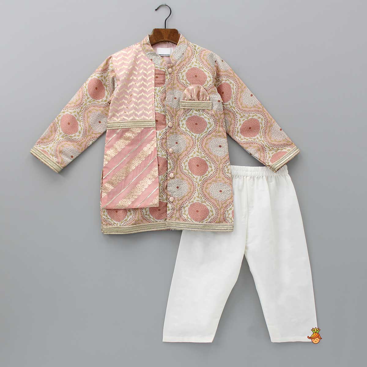 Pre Order: Double Layered Flap Peach Ethnic Kurta And Off White Pyjama