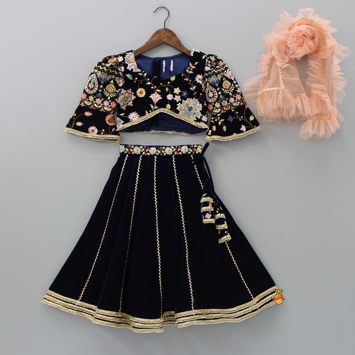 Pre Order: Heavy Embroidered Blue Top And Lehenga With Ruffle Peach Dupatta