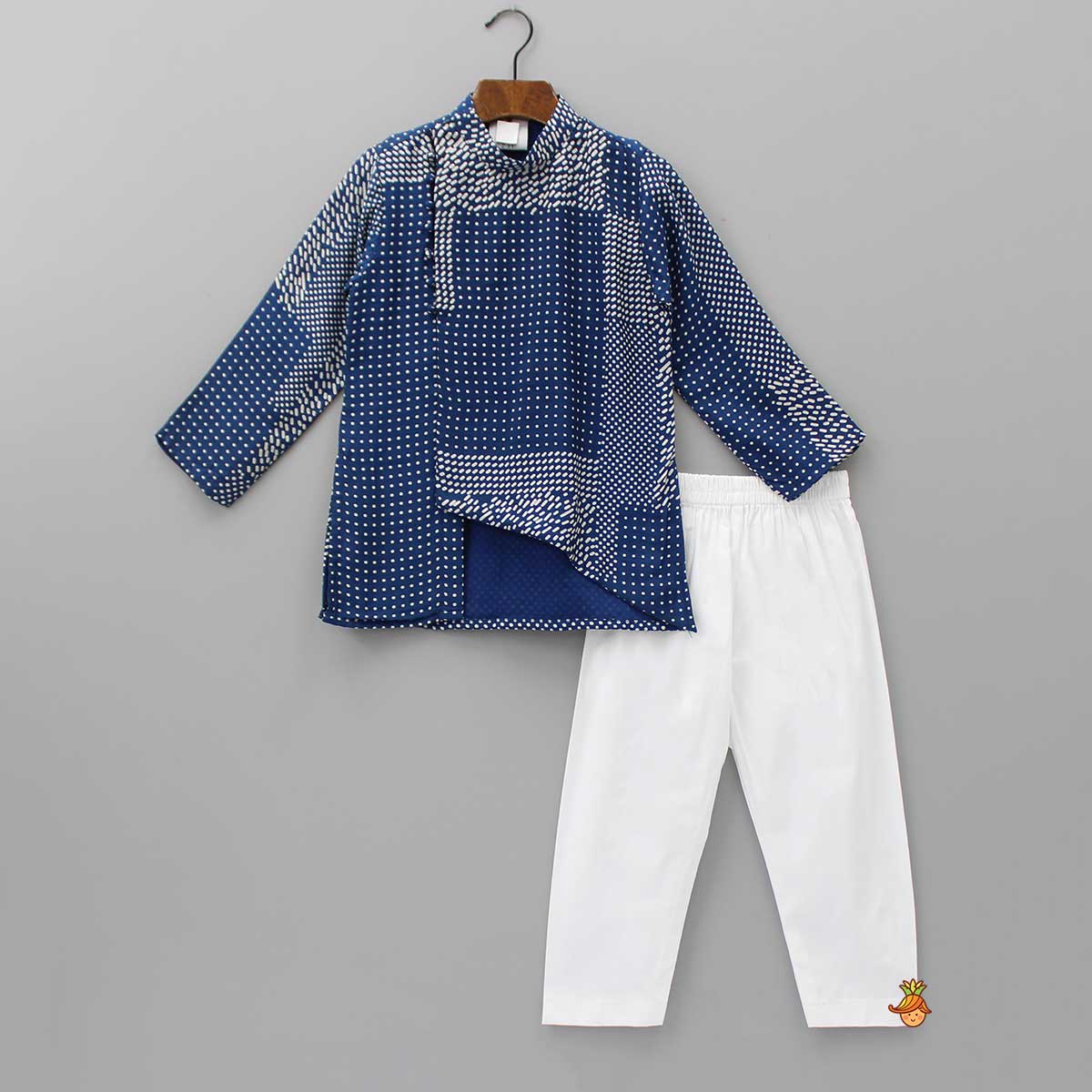 Pre Order: Dots Printed Potli Buttons Detail Blue Kurta And Pyjama