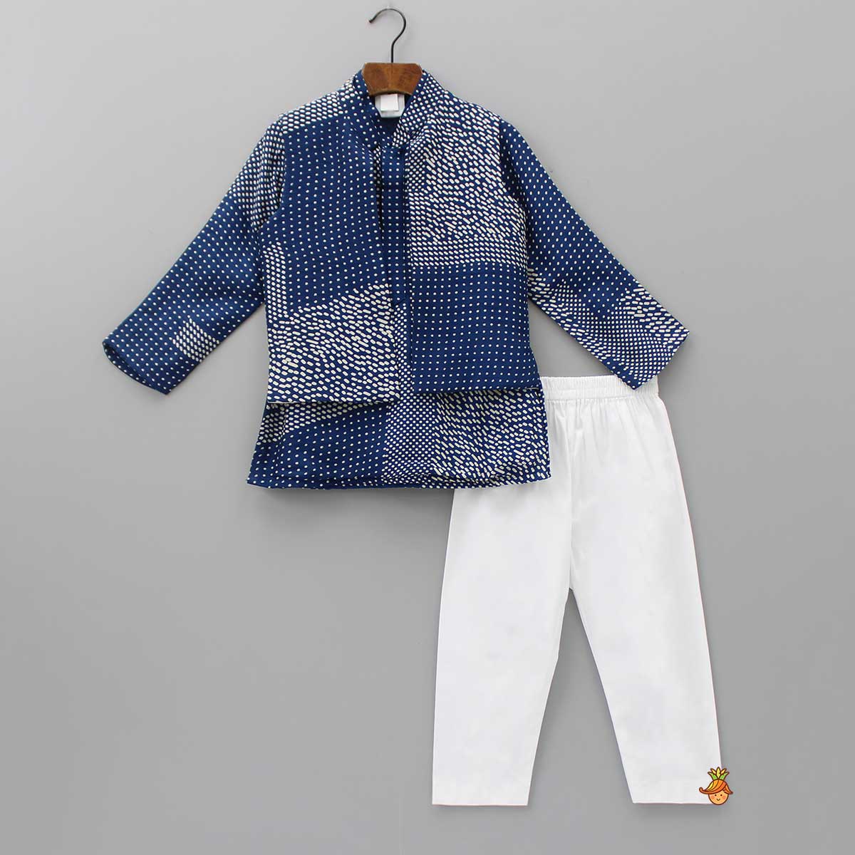 Pre Order: Dots Printed Blue Kurta With Matching Open Jacket And Pyjama