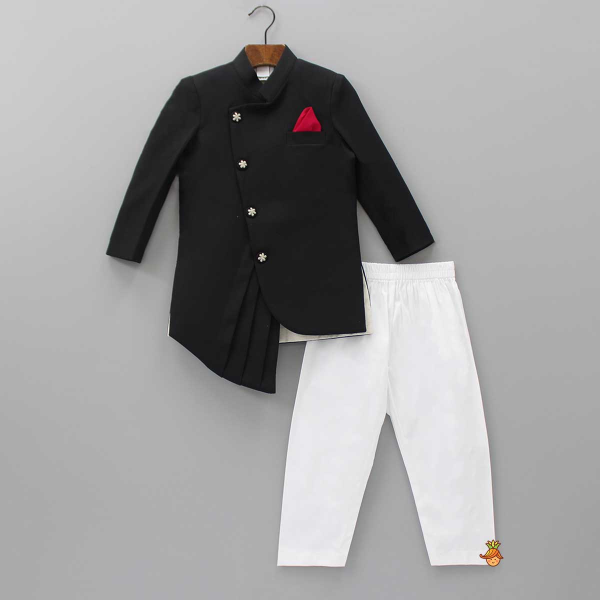 Pre Order: Contrasting Pocket Square Black Sherwani And Pyjama