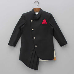 Pre Order: Contrasting Pocket Square Black Sherwani And Pyjama
