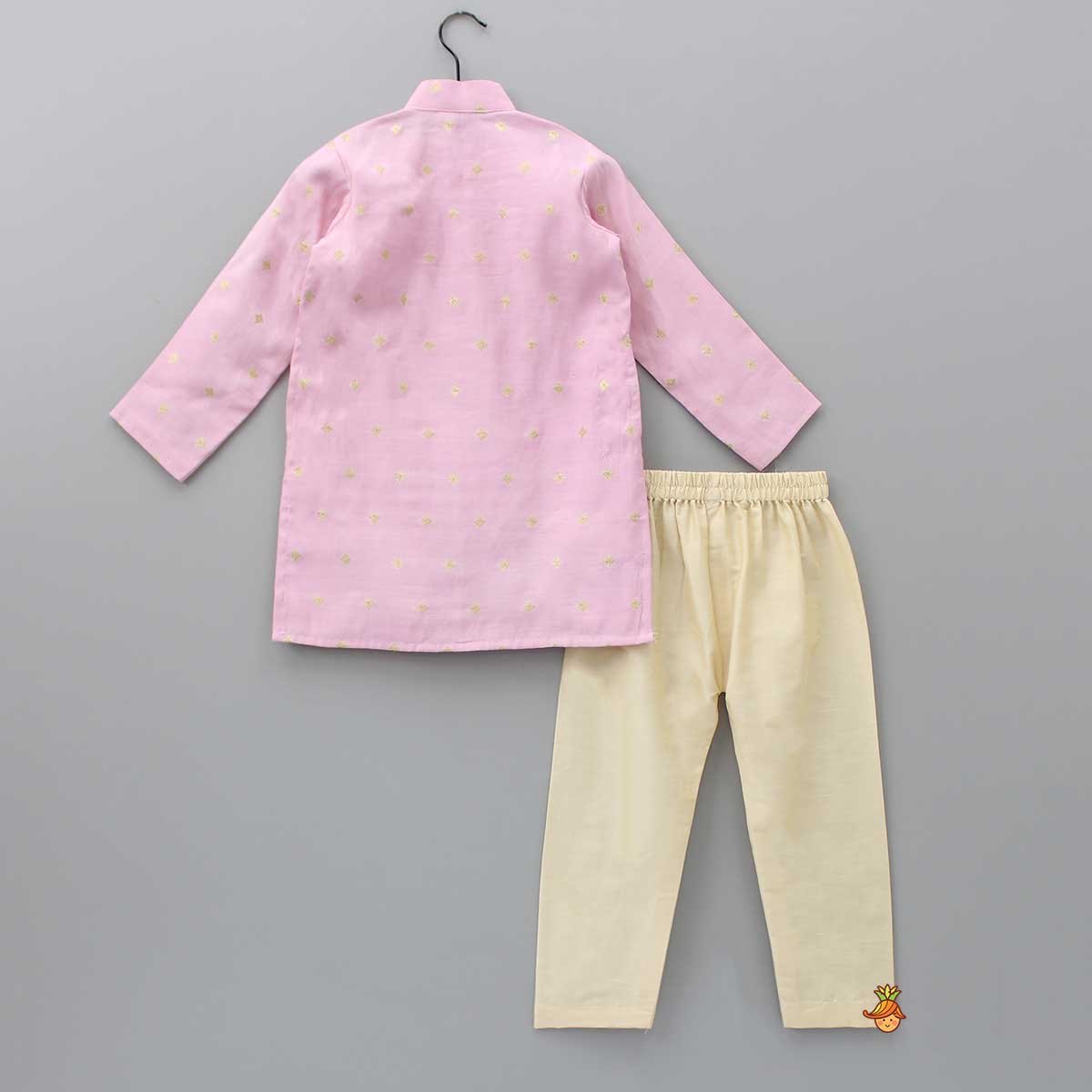 Front Open Booti Embroidered Pink Kurta And Beige Pyjama