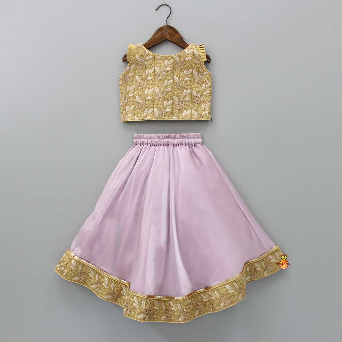 Pre Order: Embroidered Top And Shiny Glass Tissue Lavender Lehenga