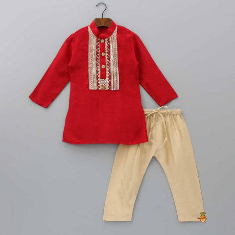 Pre Order: Embroidered Yoke Red Kurta And Beige Pyjama