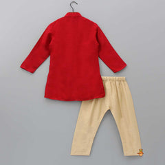 Pre Order: Embroidered Yoke Red Kurta And Beige Pyjama
