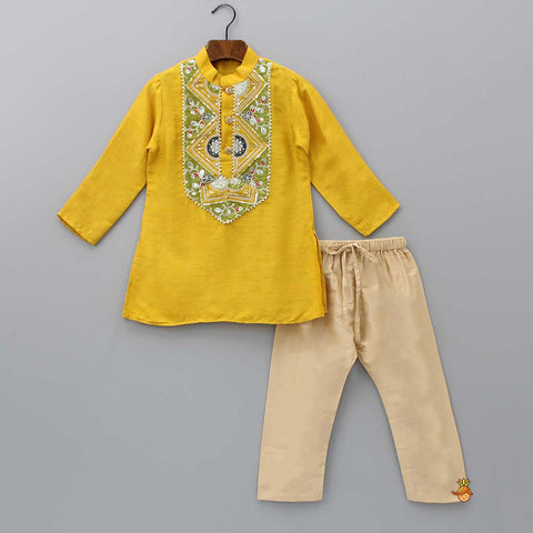 Pre Order: Embroidered Yoke Mustard Kurta And Beige Pyjama