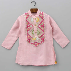 Pre Order: Embroidered Yoke Pink Kurta And Beige Pyjama