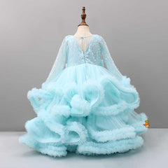 Pre Order: Sequins Embellished Blue Ruffle Layered Party Wear Gown