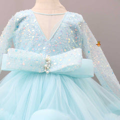Pre Order: Sequins Embellished Blue Ruffle Layered Party Wear Gown