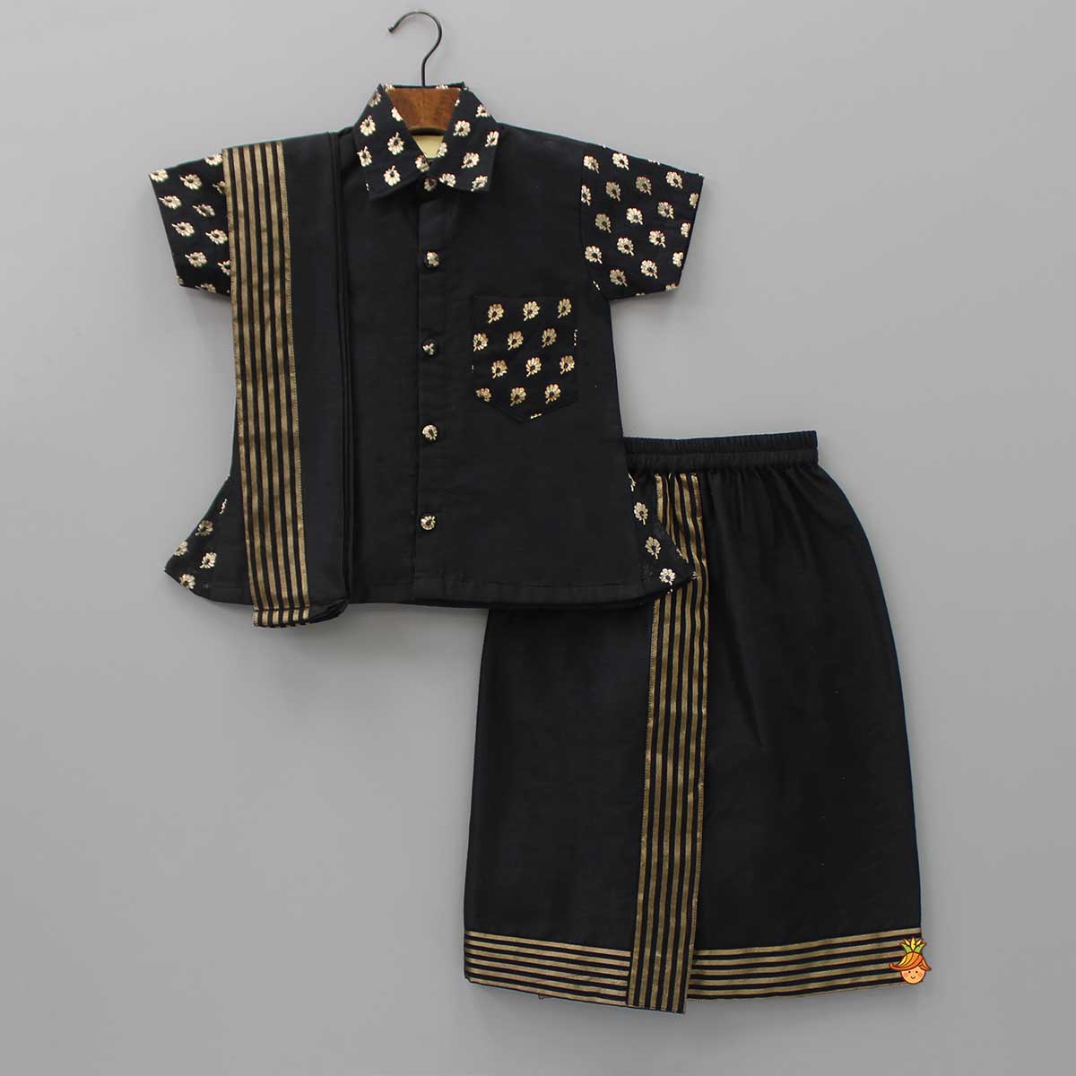 Exquisite Black Shirt And Stitched Lungi With Shawl