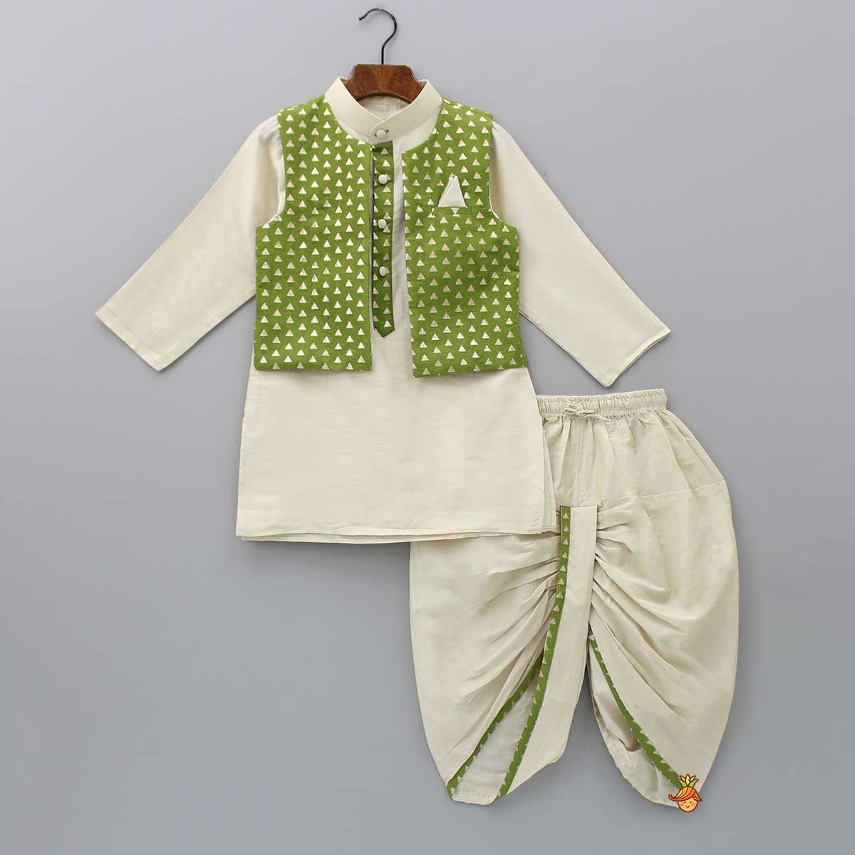 Embroidered Front Placket Ivory Kurta With Green Jacket And Dhoti