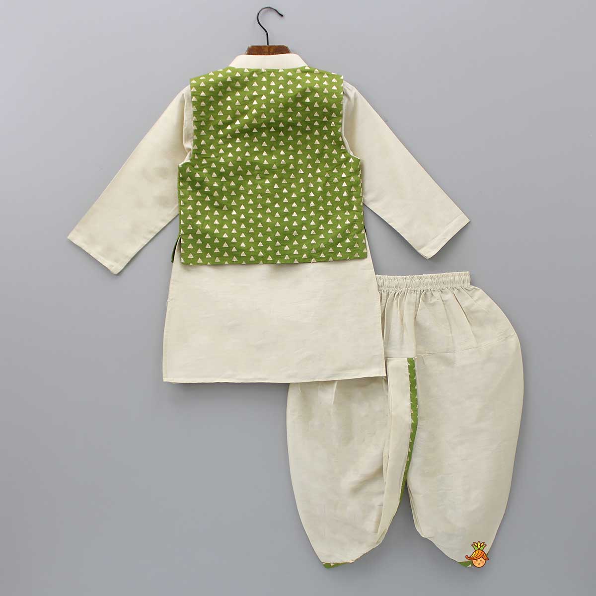 Embroidered Front Placket Ivory Kurta With Green Jacket And Dhoti