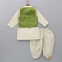 Pre Order: Embroidered Front Placket Ivory Kurta With Green Jacket And Dhoti
