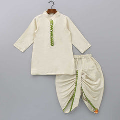 Pre Order: Embroidered Front Placket Ivory Kurta With Green Jacket And Dhoti