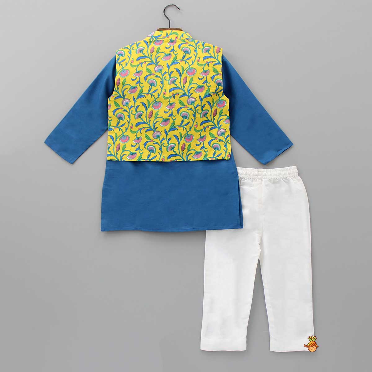 Pre Order: Blue Kurta With Printed Multicolour Front Open Jacket And Pyjama