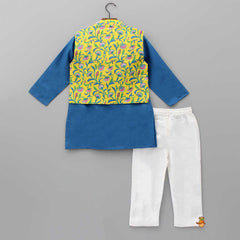 Pre Order: Blue Kurta With Printed Multicolour Front Open Jacket And Pyjama