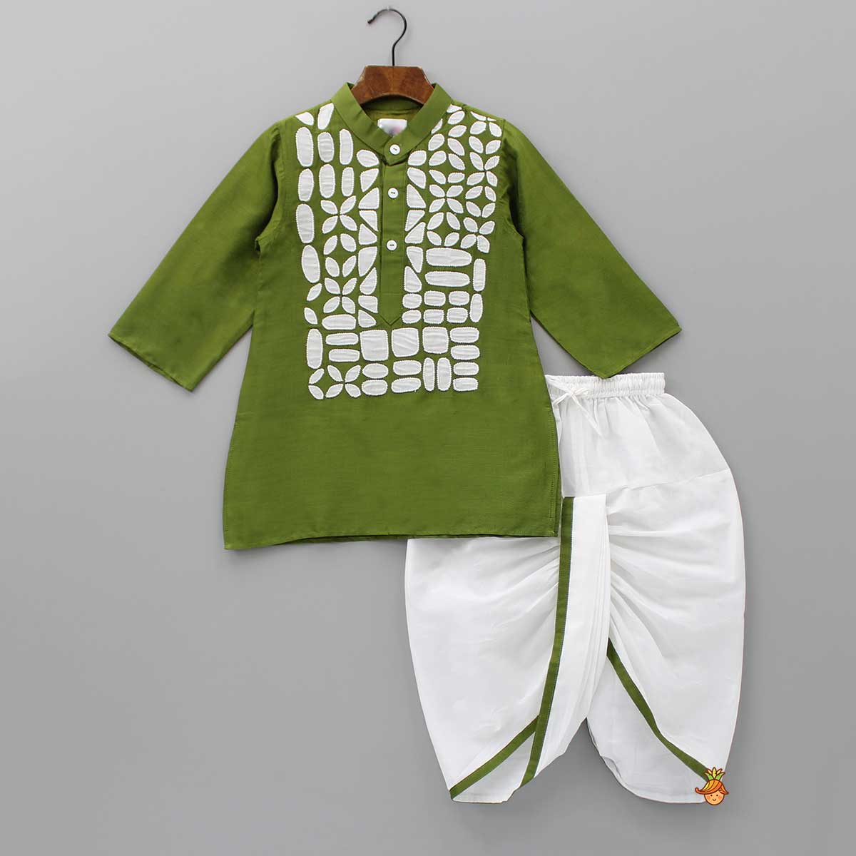 Pre Order: Applique Embroidered Front Placket Green Kurta With Dhoti