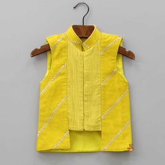 Pre Order: Mustard Kurta With Pin Tuck Jacket And Pyjama