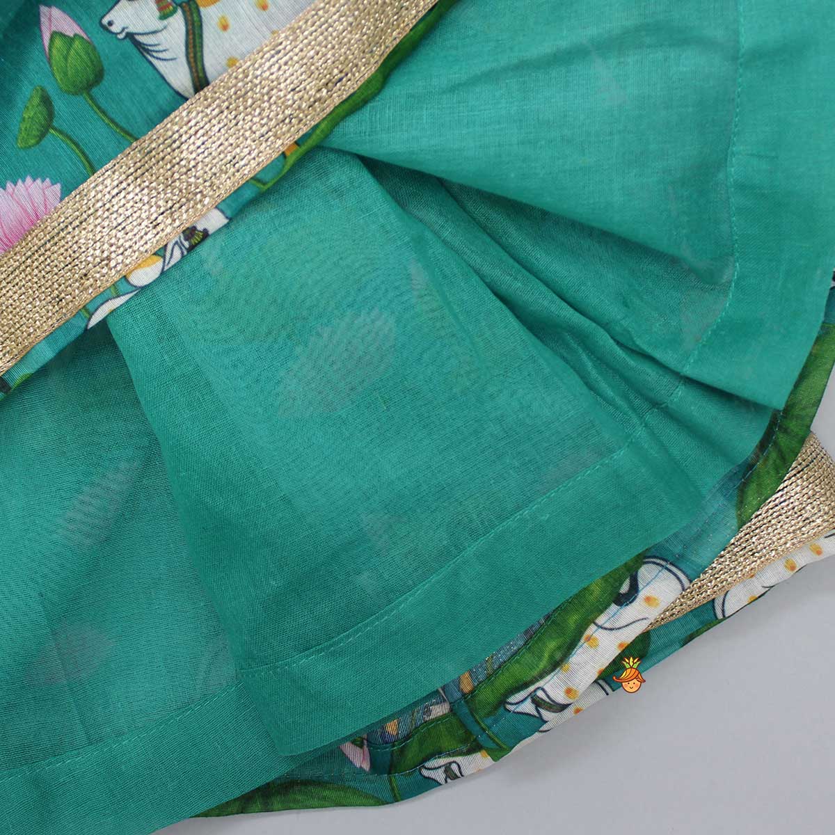 Pleated Green Top And Printed Lehenga With Sequins Lace Work Net Dupatta