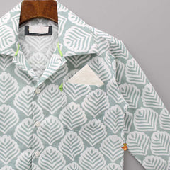 Pocket Detail Printed Collar Neck Green And White Shirt