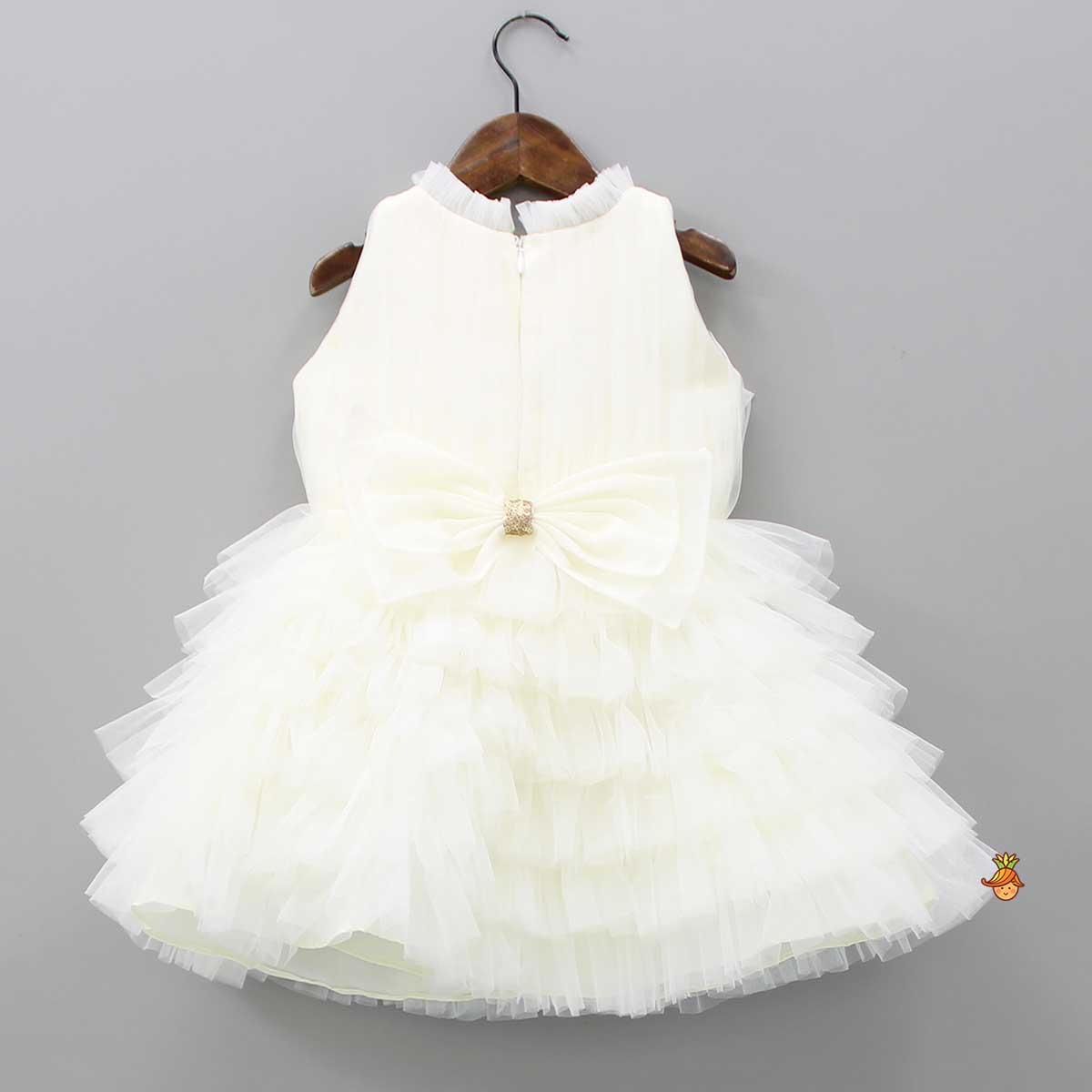 Fairy Embroidered Yoke Off White Multi Layered Dress With Head Band