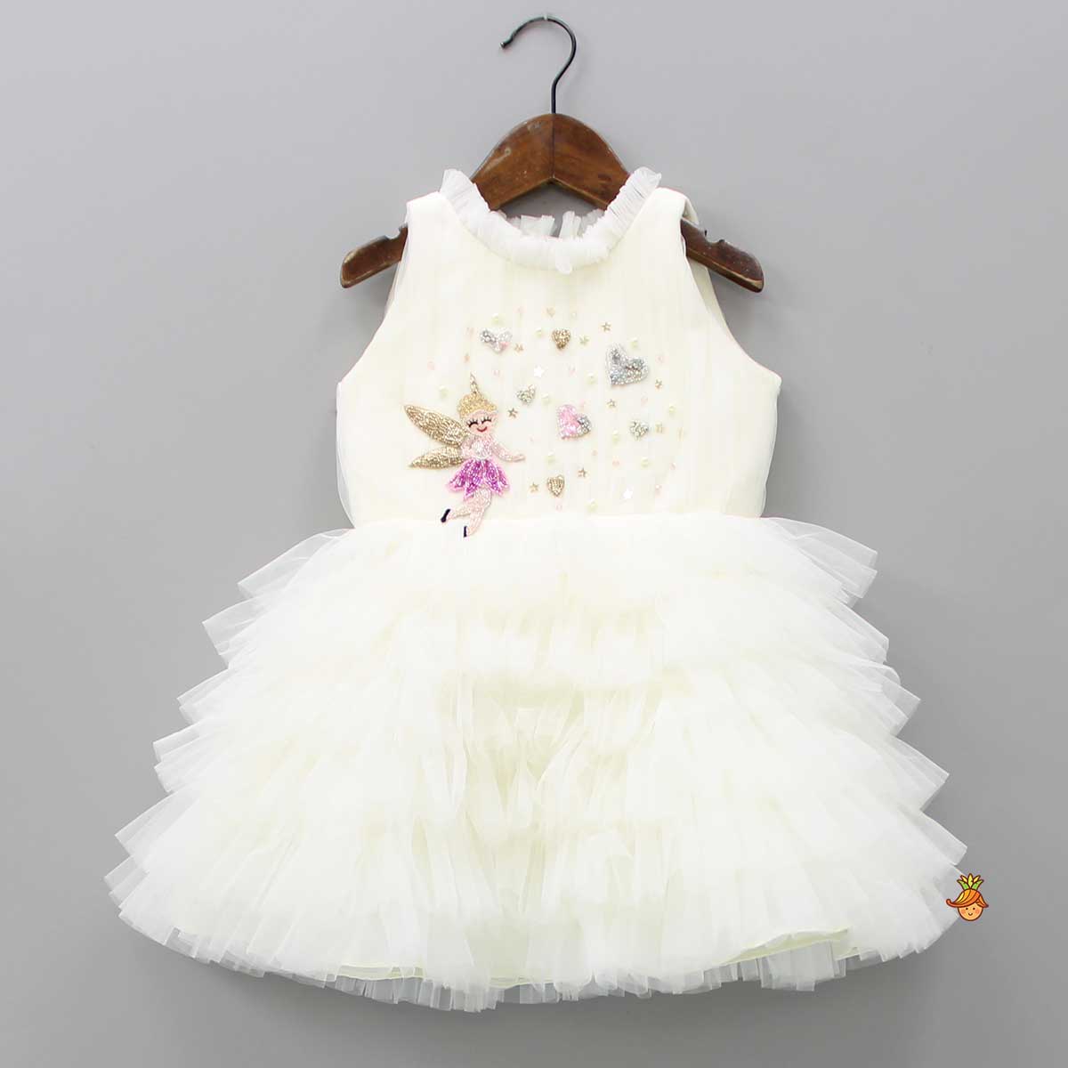 Fairy Embroidered Yoke Off White Multi Layered Dress With Head Band