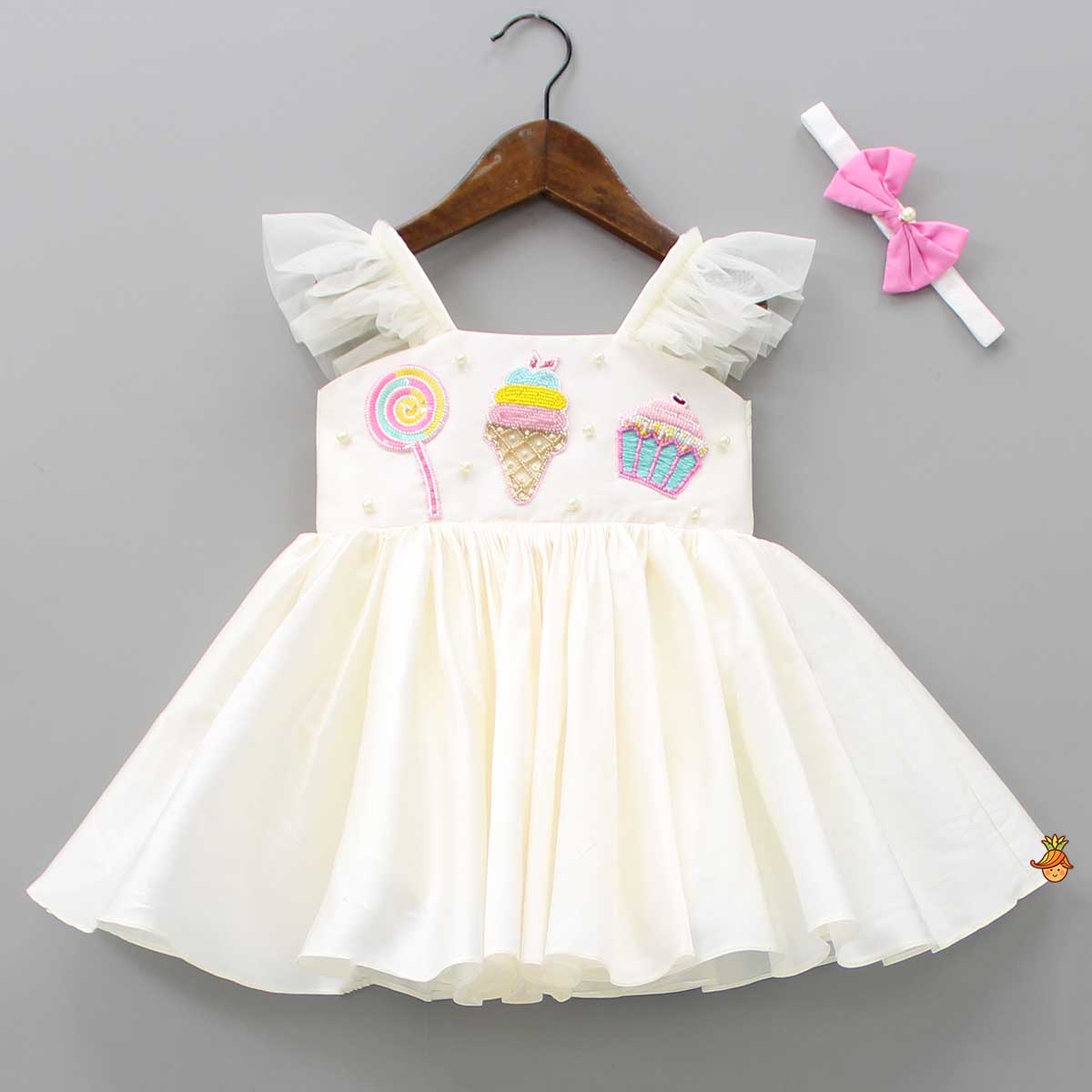 Off White Candies Embroidered Dress With Contrasting Pink Head Band