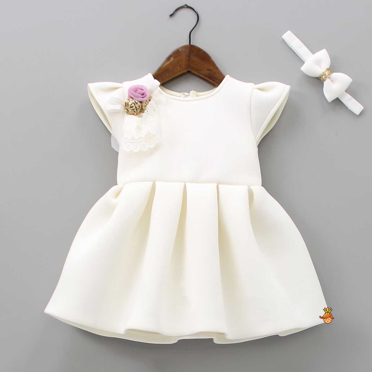 Pre Order: Fancy Off White Scuba Dress With Matching Bow Head Band