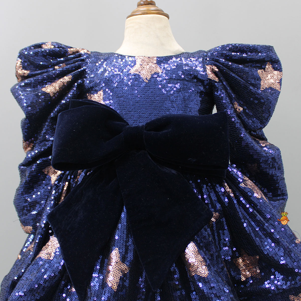 Puffed Sleeves Sequined Blue Dress With Head Band