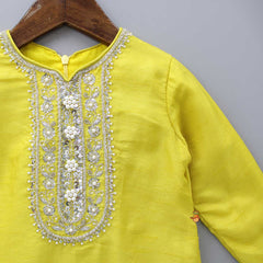 Pre Order: Intricate Yoke Embroidered Yellow Kurti And Dhoti Pant With Green Dupatta