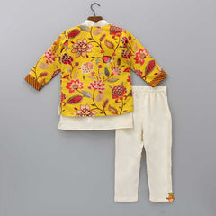 Loop Buttons Detail Kurta With Yellow Open Jacket And Pyjama