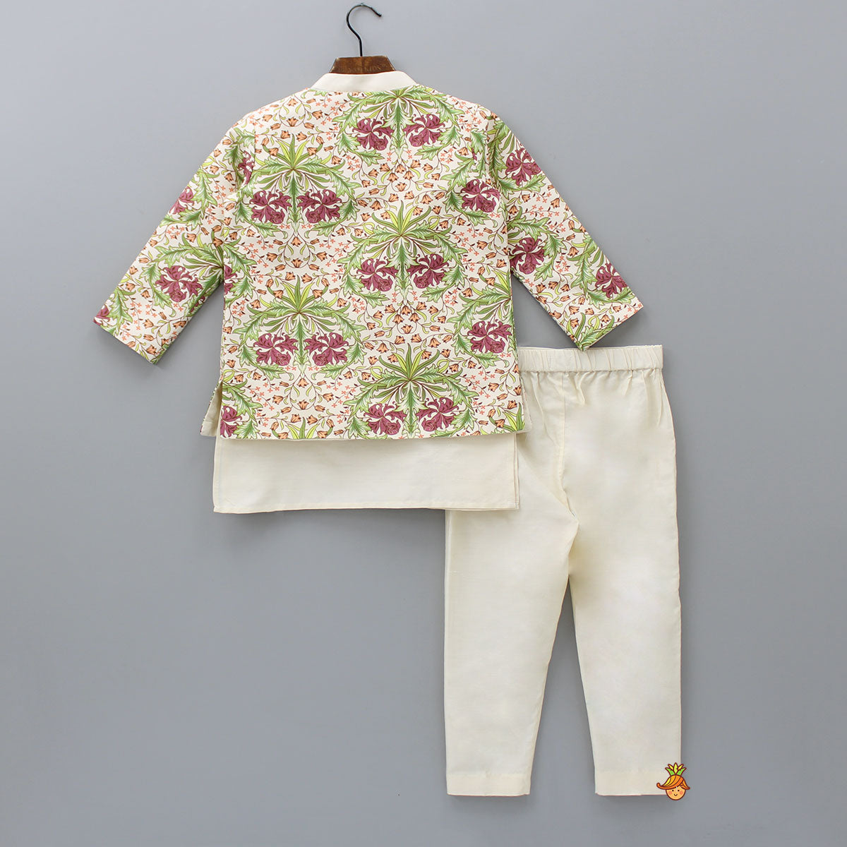 Loop Buttons Detail Kurta With Multicolour Open Jacket And Pyjama