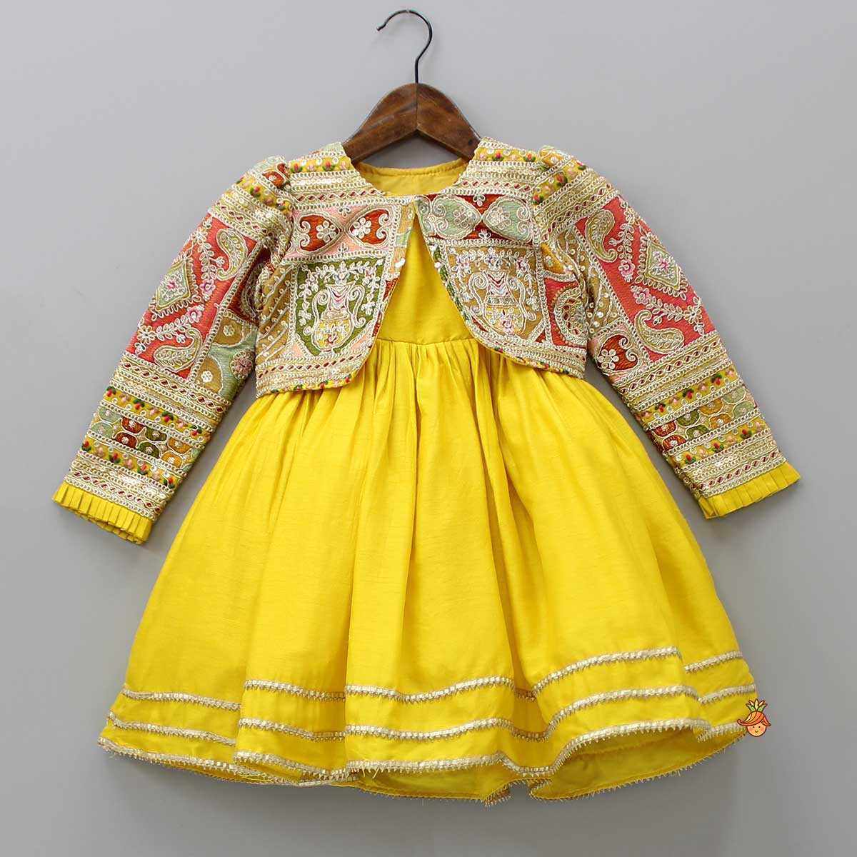 Round Neck Yellow Kurti With Heavy Embroidered Jacket