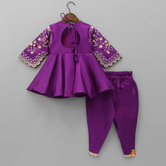 Pre Order: Potli Buttons Detail Front Open Purple Kurti And Dhoti With Net Dupatta