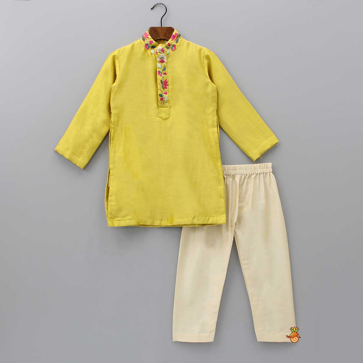 Embroidered Collar And Front Placket Mustard Kurta With Pyjama