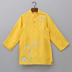 Embroidered Yellow Bamber Silk Kurta And Pyjama