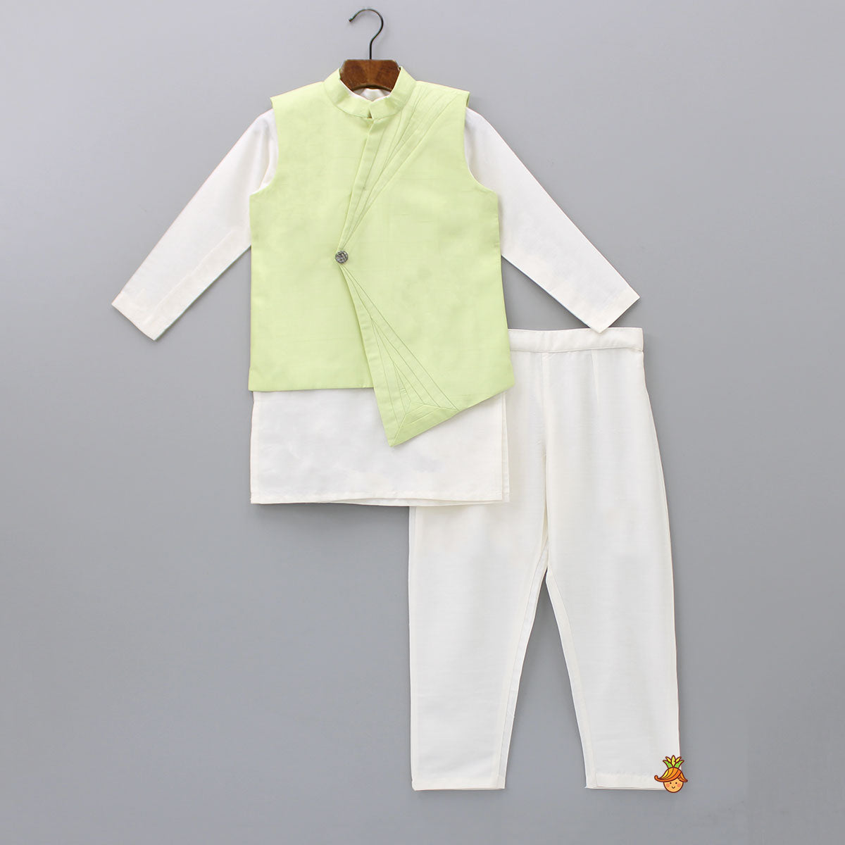 Pre Order: Kurta With Stylish Asymmetric Green Jacket And Pyjama