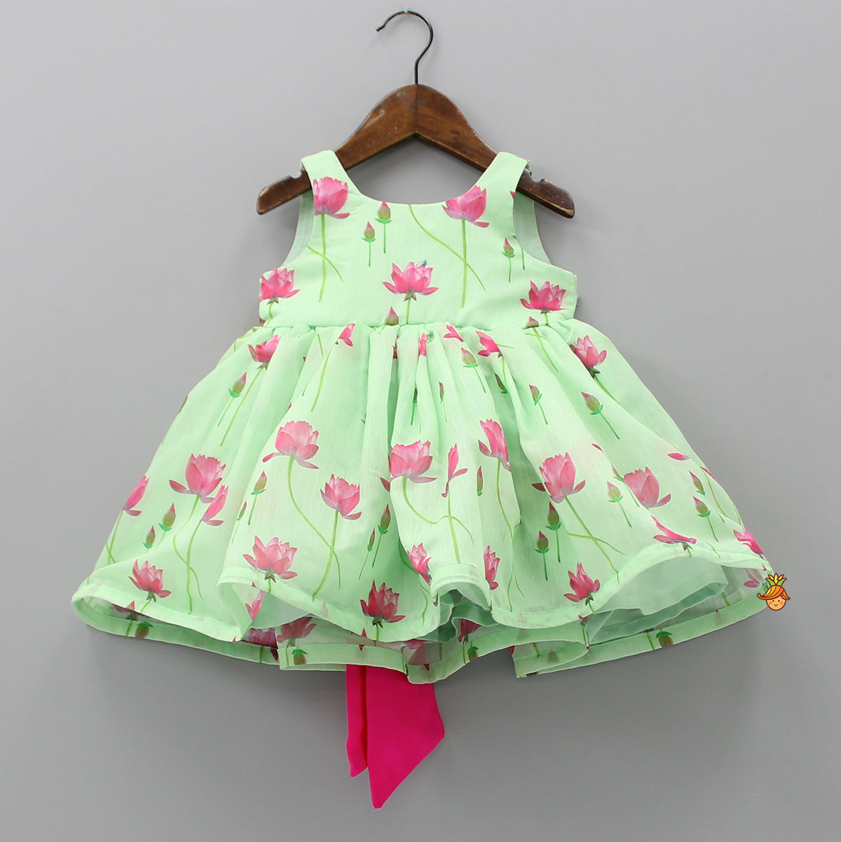 Floral Printed Green Dress With Contrasting Back Bow
