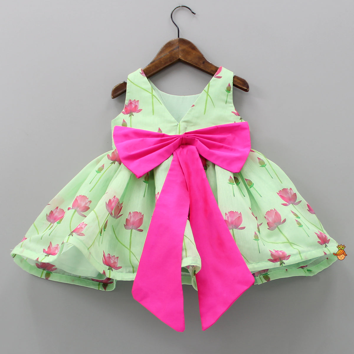 Floral Printed Green Dress With Contrasting Back Bow