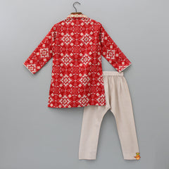 Pre Order: Embroidered Collar And Front Placket Red Kurta With Beige Pyjama