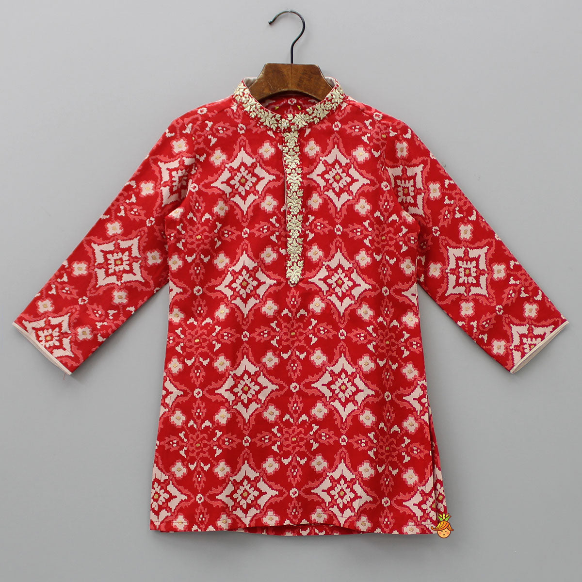 Embroidered Collar And Front Placket Red Kurta With Beige Pyjama