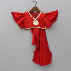 Pre Order: Frilly Sleeves V Neck Red Layered Drape Top And Stylish Lehenga