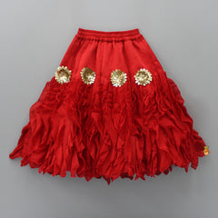 Pre Order: Frilly Sleeves V Neck Red Layered Drape Top And Stylish Lehenga