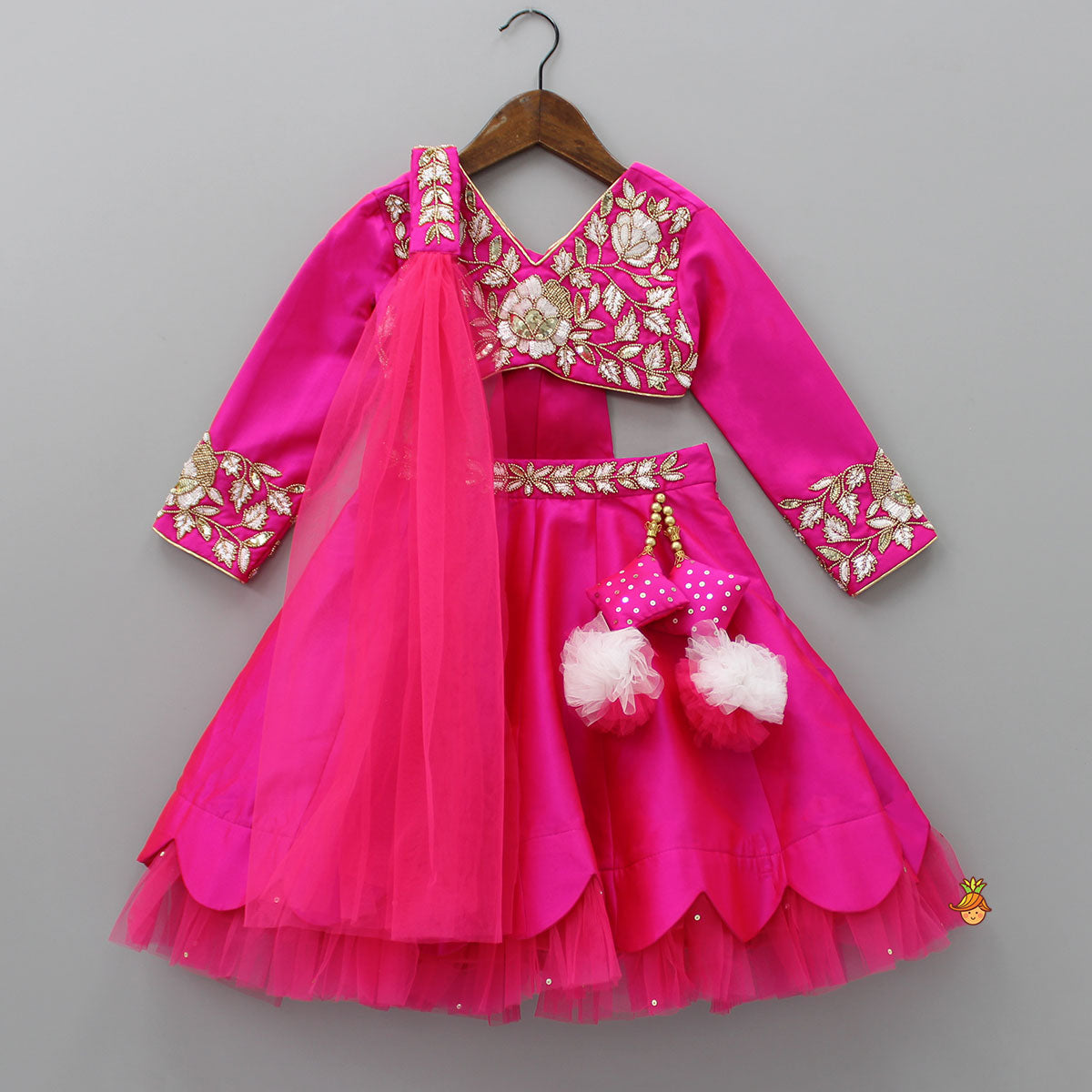 Pre Order: V Neck Floral Embroidered Pink Top And Scalloped Hem Lehenga With Net Dupatta